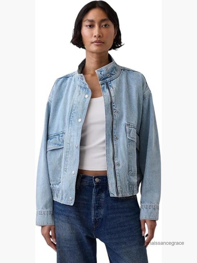 Light Wash Bomber Jacket, 100% Cotton, Long Sleeve, Casual Style, Spring Summer